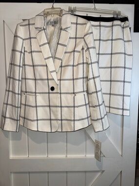 Tahari White Blazer and Skirt with Black Grid Windowpane
